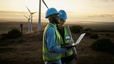 Two workers with hard hats and vests on looking at a laptop with wind turbines in the background